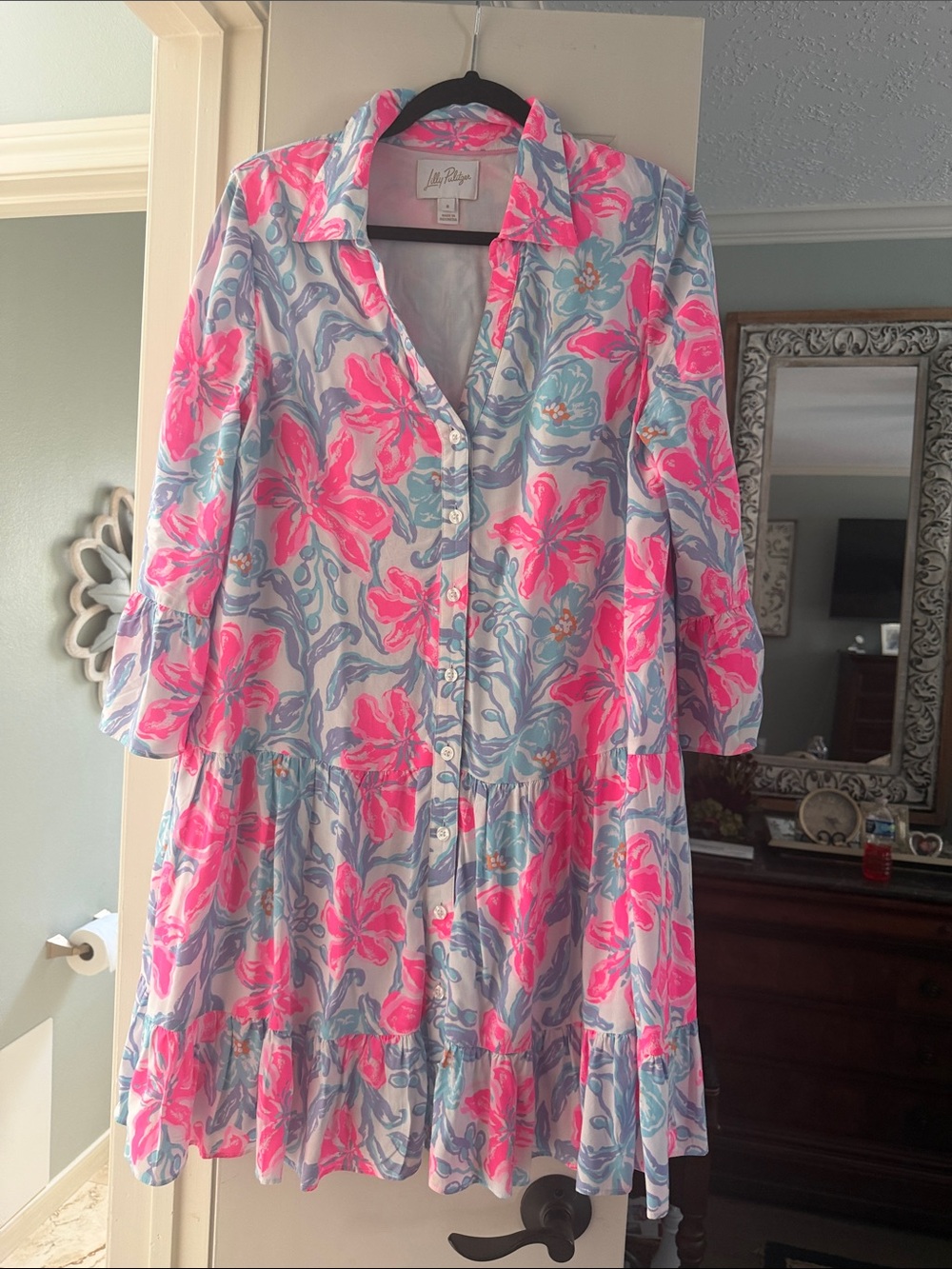 Lilly Pulitzer Pink & Blue Floral Midi Shirt Dress